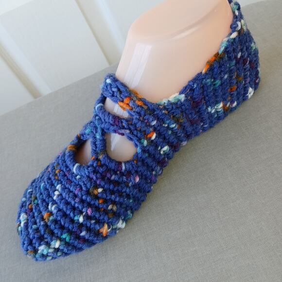 Hand Crafted Shoes - Navy Speckle Ballet Style Crochet Slippers sz 7 square toe premade Posh Hooking